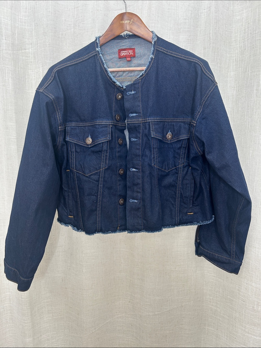 Johnny Was Cropped Dark Indigo Denim Jacket with Raw Hem Size Large